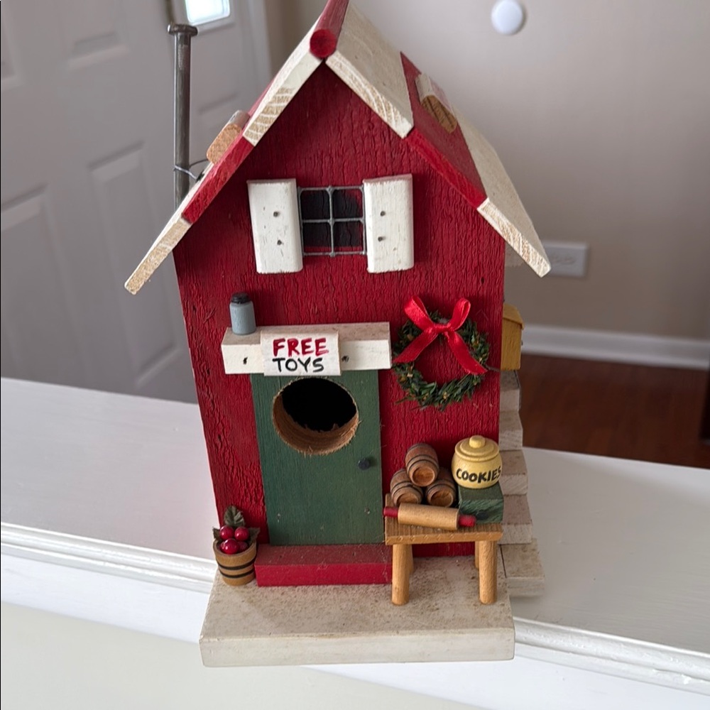 Red and White Birdhouse with Holiday Decor